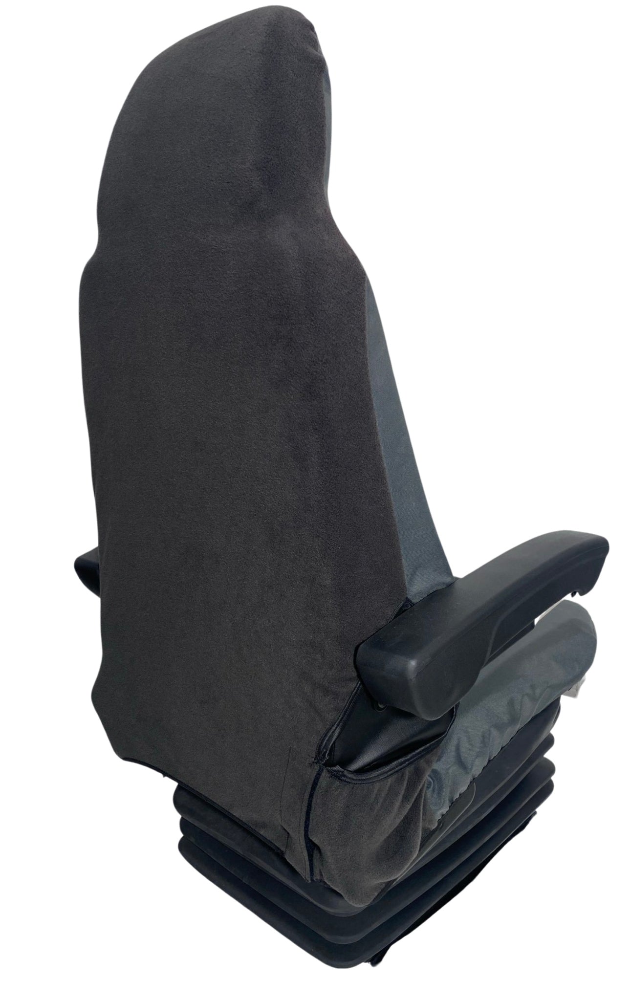 Back view of heavy-duty canvas seat cover highlighting stretch fabric rear and secure slip-over fit with Velcro fastening.