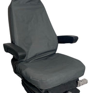 Front view of heavy-duty canvas NZ Made seat cover in mid-grey, showing universal fit design with water-resistant canvas front and armrest openings.
