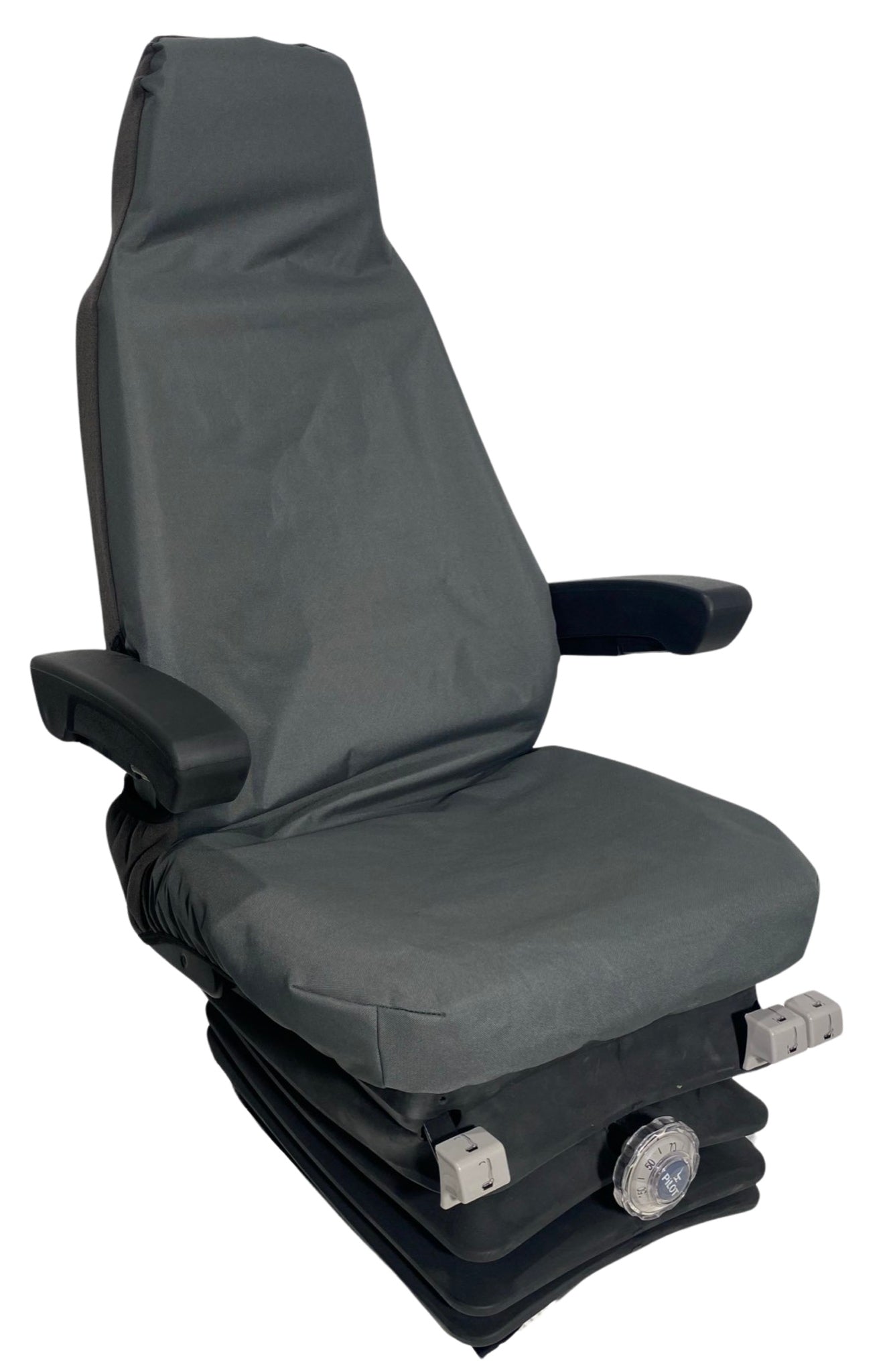 Front view of heavy-duty canvas NZ Made seat cover in mid-grey, showing universal fit design with water-resistant canvas front and armrest openings.