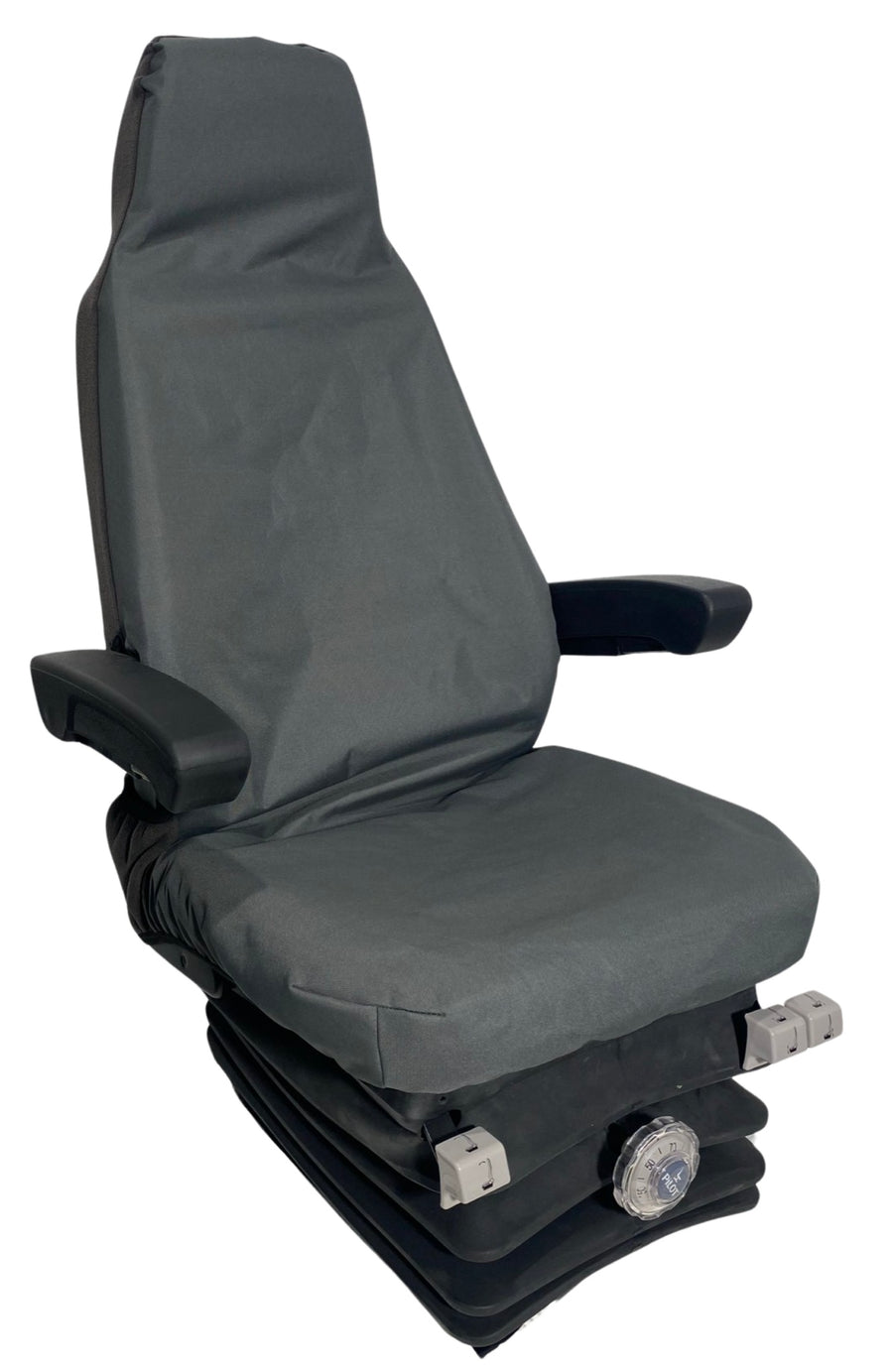 Front view of heavy-duty canvas NZ Made seat cover in mid-grey, showing universal fit design with water-resistant canvas front and armrest openings.