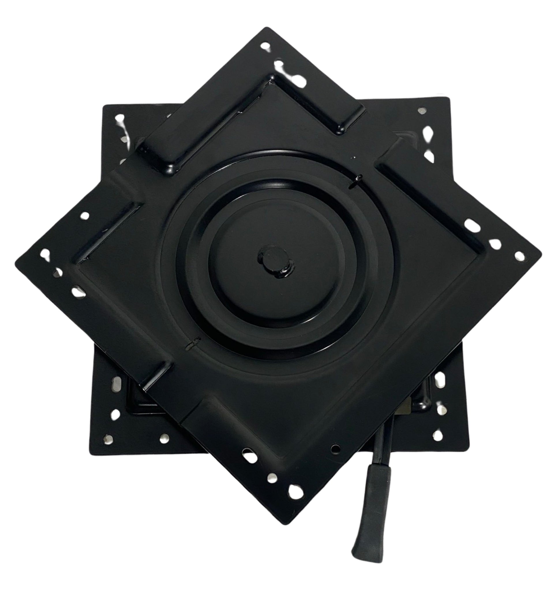 Angle view of heavy-duty steel turntable showing solid construction and precision mounting holes for off-road machinery applications.
