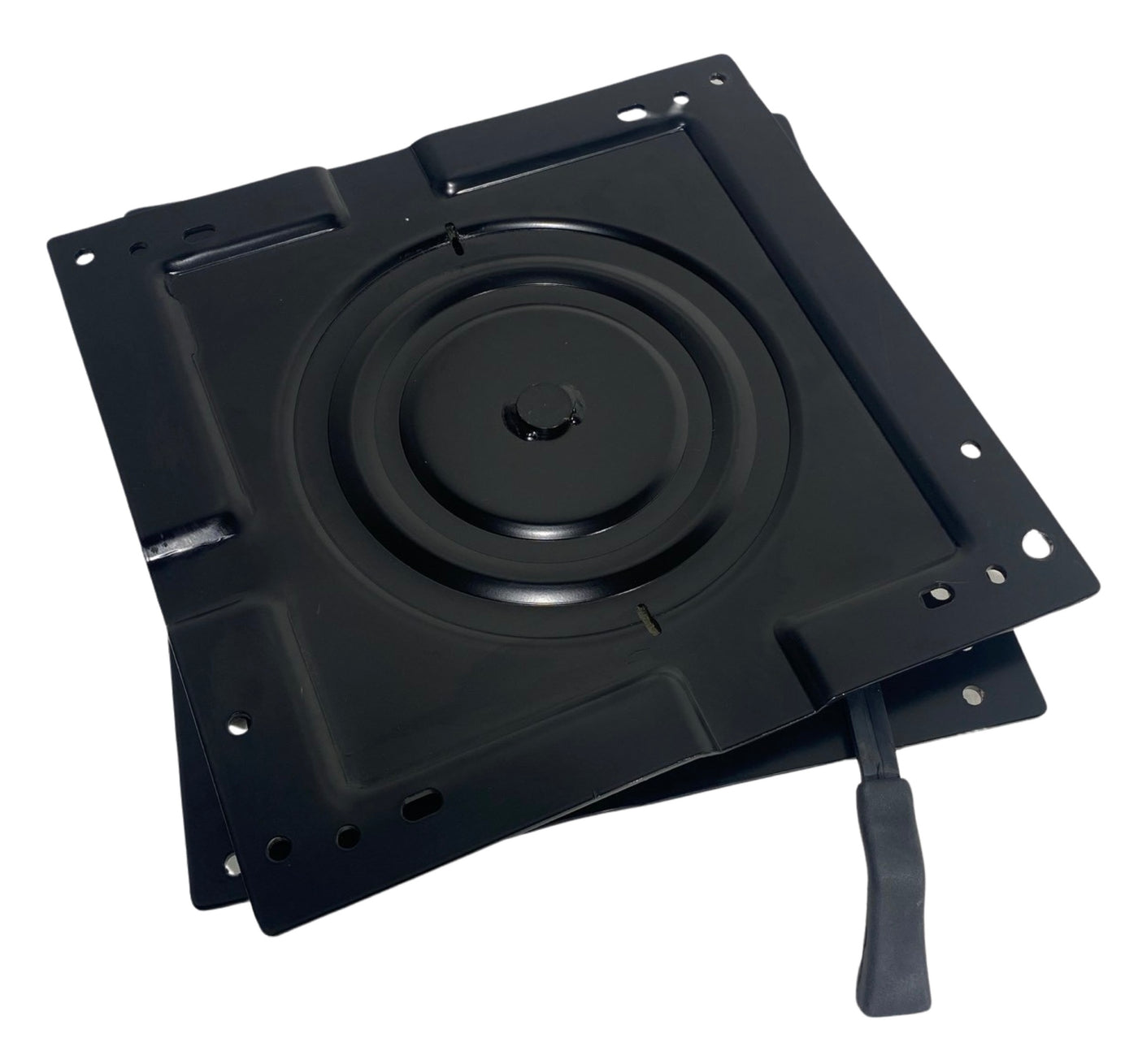 Base angle of heavy-duty turntable showing lockable 180-degree rotation feature and durable off-road engineering.