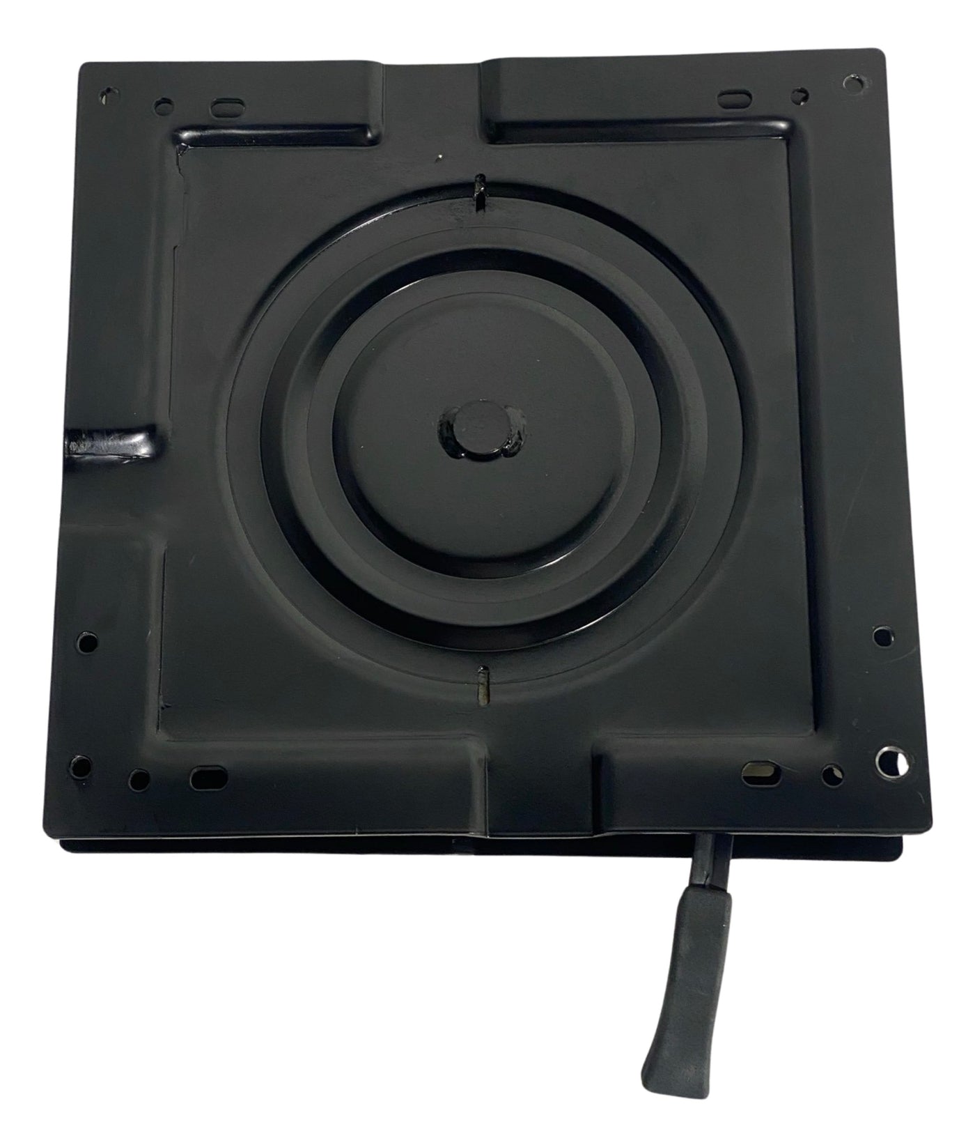 Base view of heavy-duty steel turntable displaying reinforced structure and multiple mounting options for secure installation.