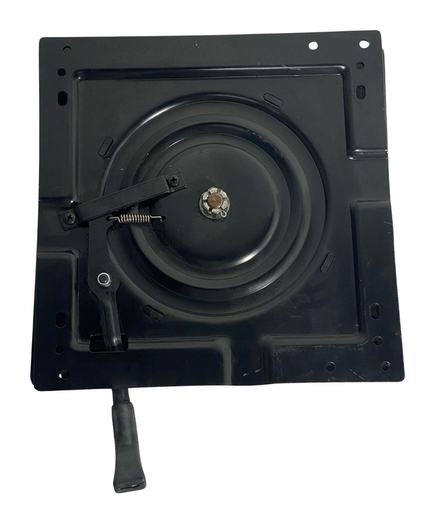 Top view of heavy-duty turntable highlighting robust steel build and low-profile design for strength and stability.