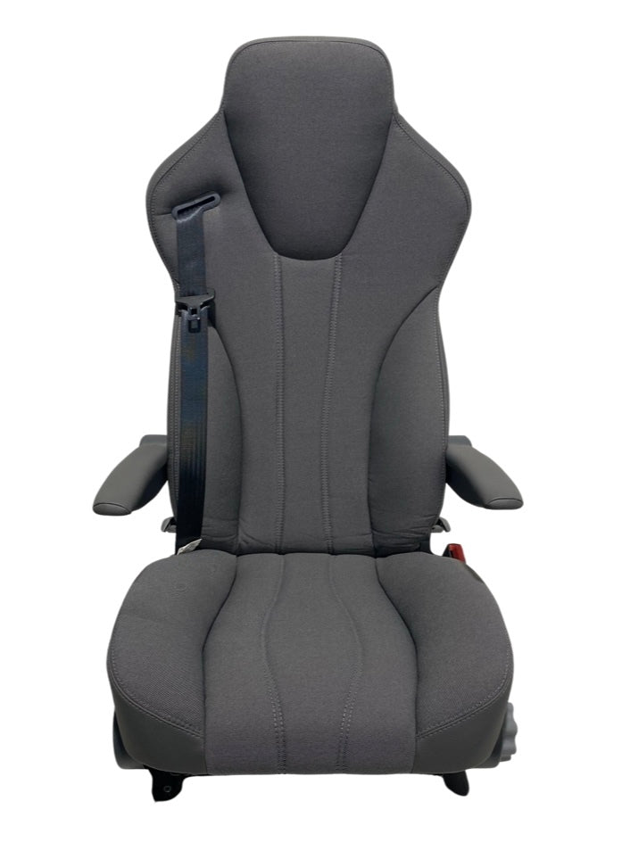 Front view of the MH640 Non Suspension Seat showing ergonomic backrest, armrests, and durable grey fabric upholstery