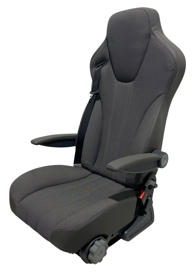 Left-hand side view of the MH640 Non Suspension Seat showing seatbelt positioning and front cushion tilt design