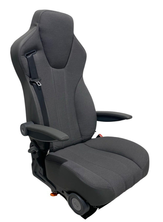 Right-hand side view of the MH640 Non Suspension Seat highlighting the built-in 3-point seatbelt and integrated 180° turntable