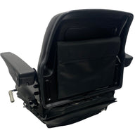 Rear view of RB15 seat displaying sturdy frame, waterproof premium PU vinyl trim, and compact suspension layout for small machinery.