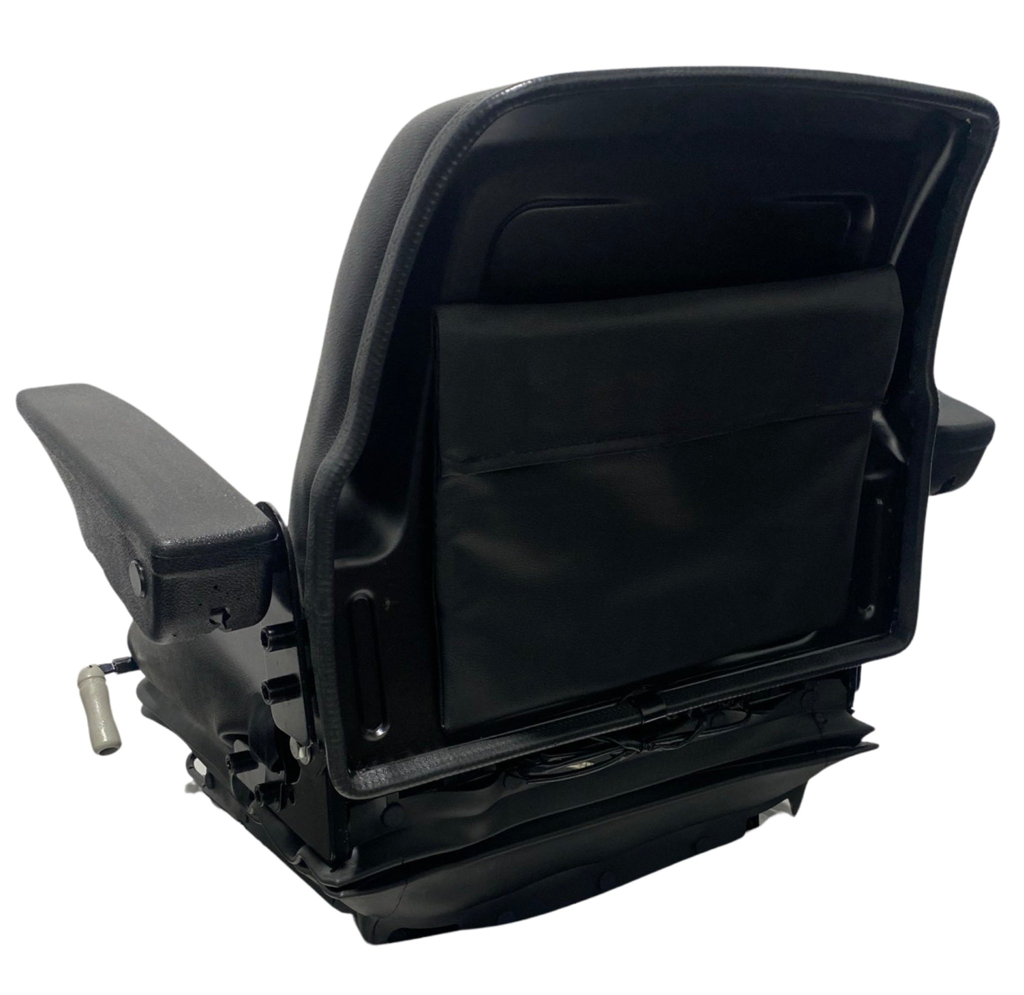 Rear view of RB15 seat displaying sturdy frame, waterproof premium PU vinyl trim, and compact suspension layout for small machinery.