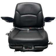 Front view of RB15 low-profile agriculture and machinery mechanical suspension seat showing contoured design, armrests, and durable black PVC trim.