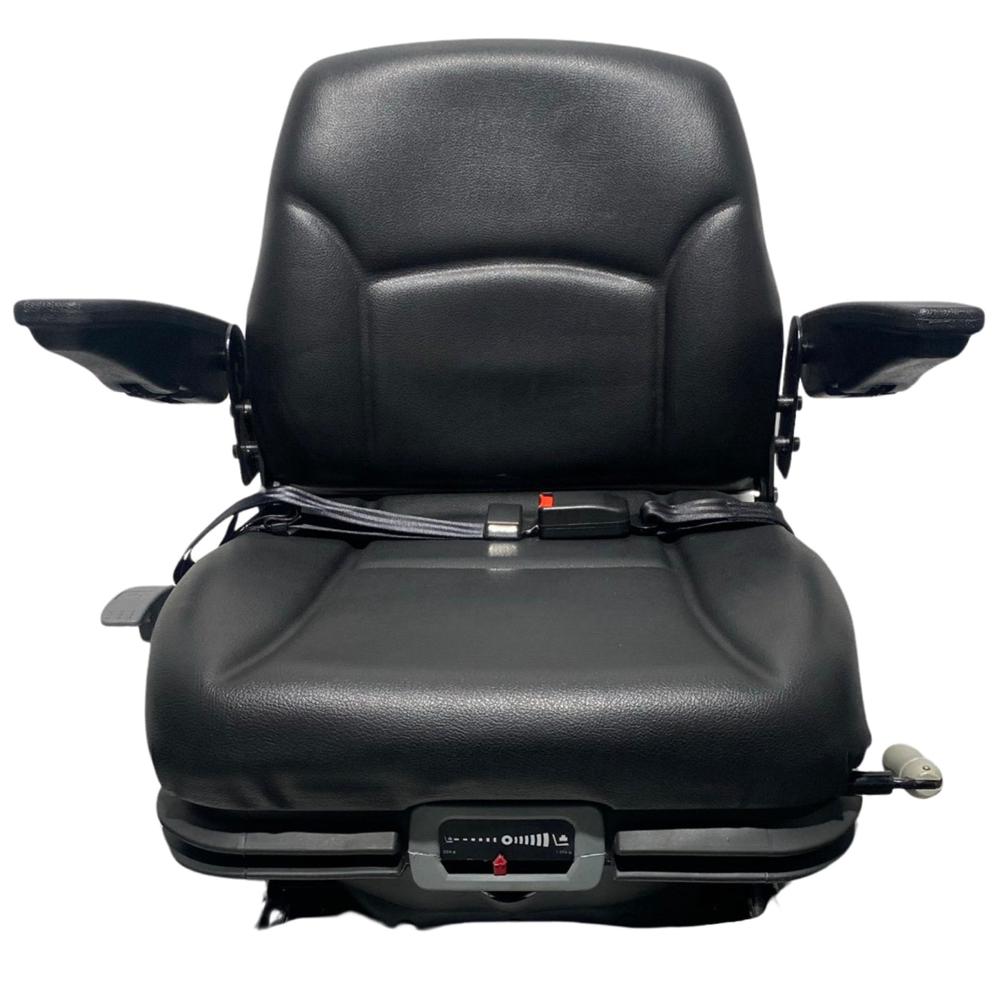 Front view of RB15 low-profile agriculture and machinery mechanical suspension seat showing contoured design, armrests, and durable black PVC trim.