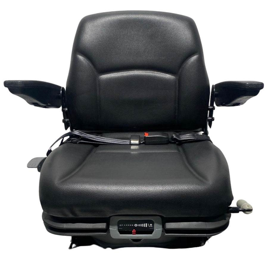 Front view of RB15 low-profile agriculture and machinery mechanical suspension seat showing contoured design, armrests, and durable black PVC trim.