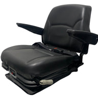 Left-side view of RB15 mechanical suspension seat showing 2 inch lap seatbelt for added safety, mechanical suspension for a smooth ride, and weight adjustment of up to 130kg.