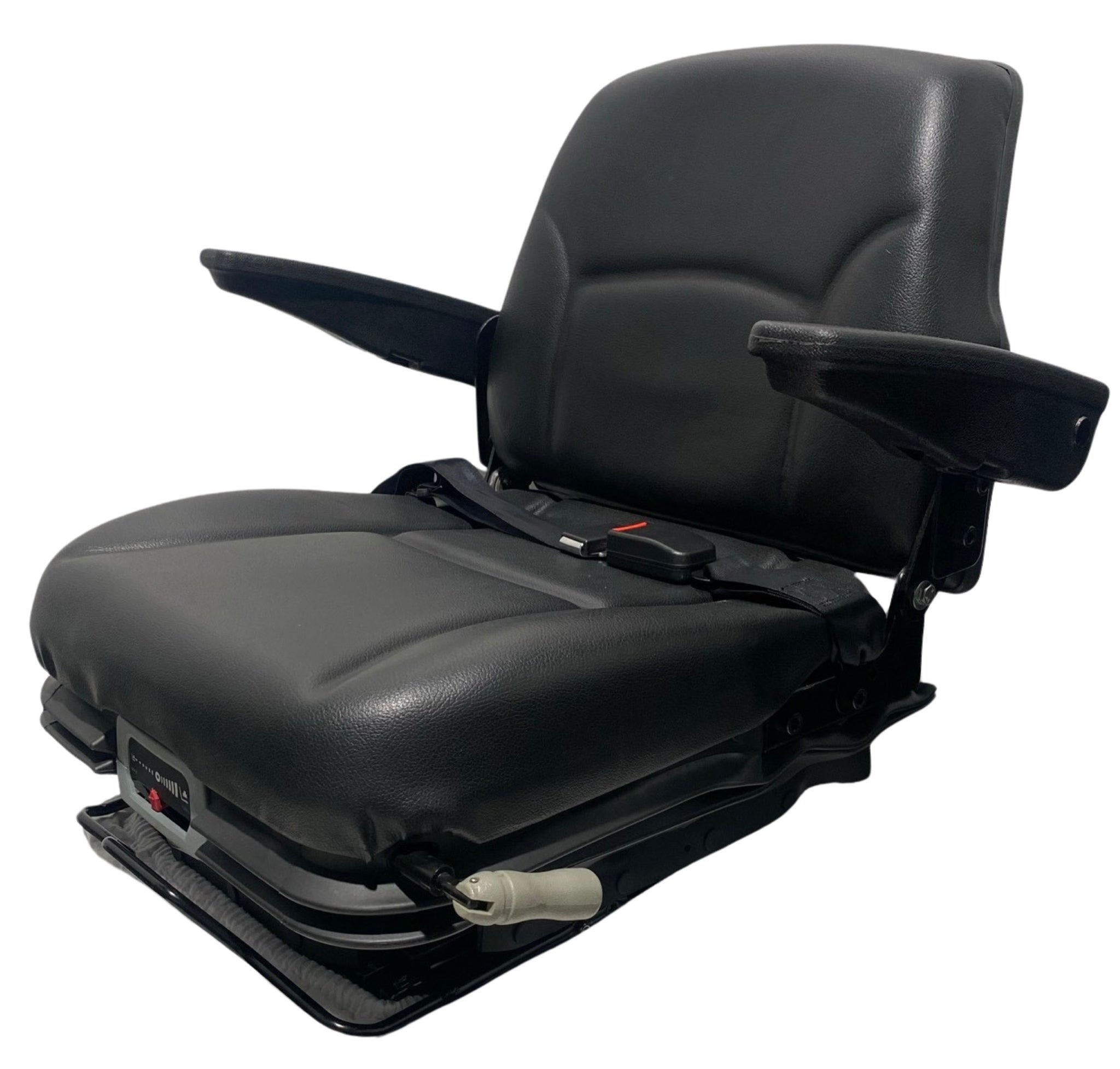 Left-side view of RB15 mechanical suspension seat showing 2 inch lap seatbelt for added safety, mechanical suspension for a smooth ride, and weight adjustment of up to 130kg.