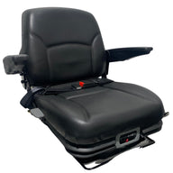 Right-side view of RB15 seat highlighting low-profile suspension system, lap seatbelt, adjustable backrest and armrests for lawn mowers and compact tractors.