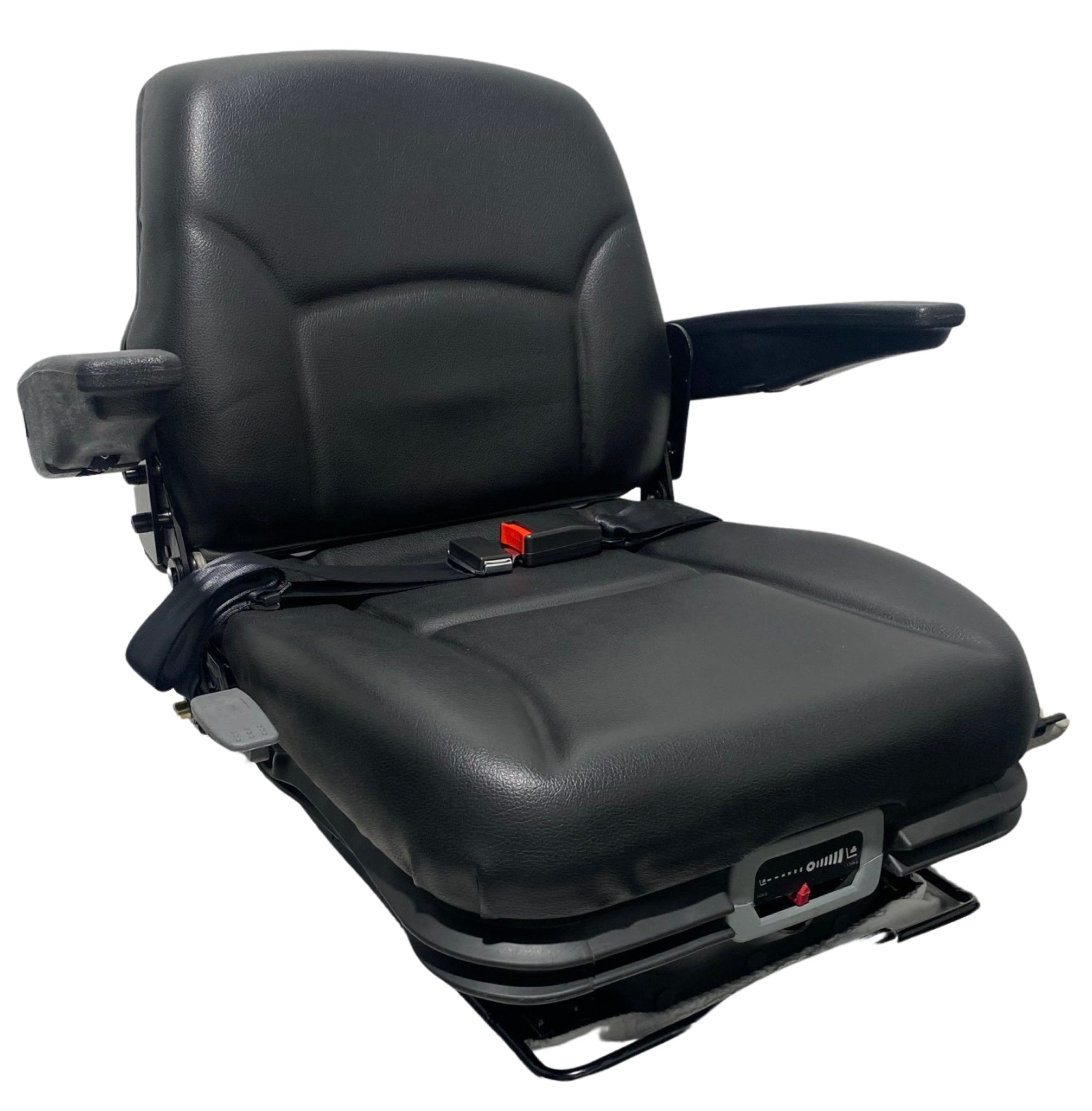 Right-side view of RB15 seat highlighting low-profile suspension system, lap seatbelt, adjustable backrest and armrests for lawn mowers and compact tractors.