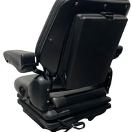 Rear view of the RB9 suspension seat highlighting the adjustable backrest, integrated retractable lap seatbelt, and robust waterproof PU vinyl trim.