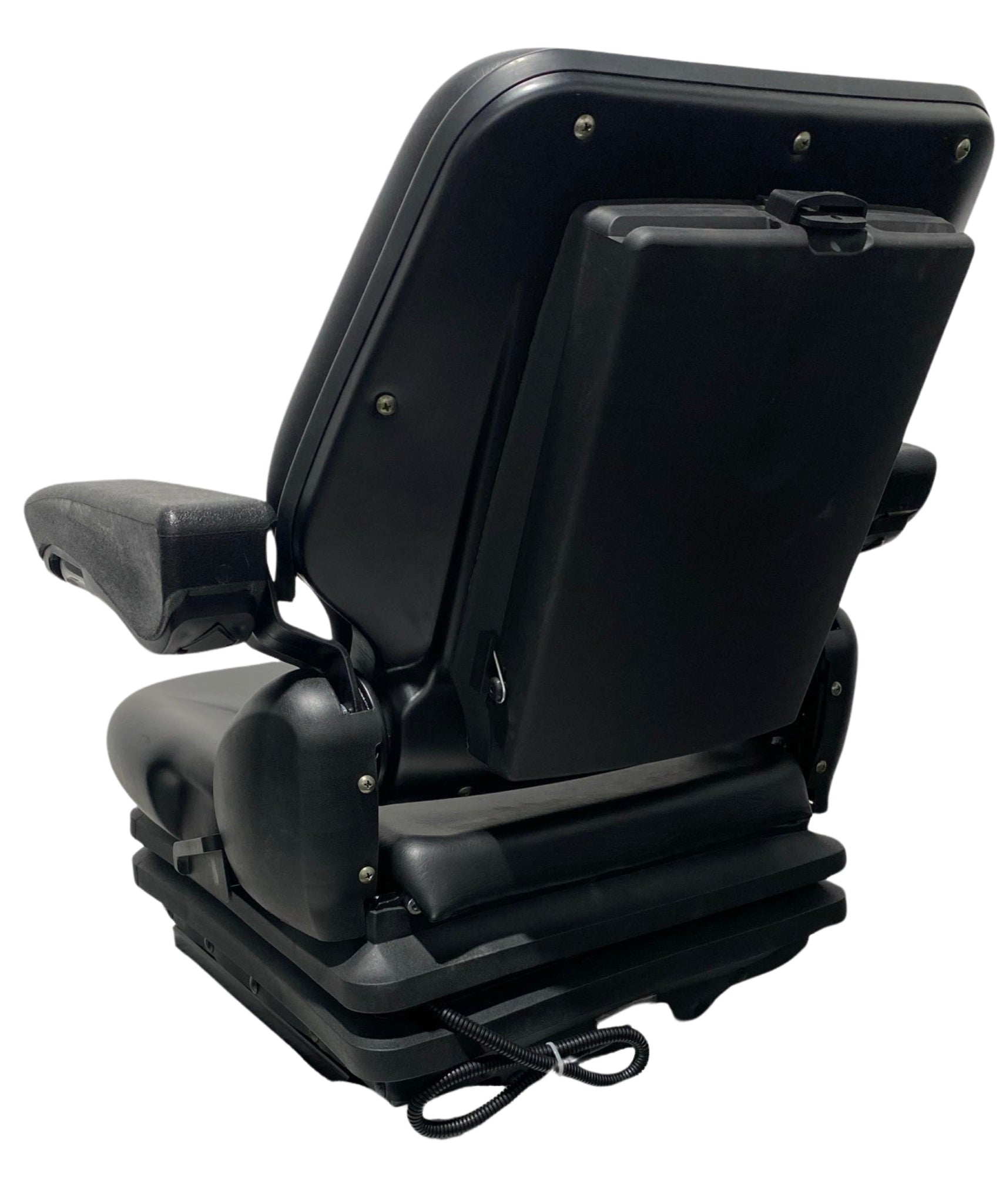 Rear view of the RB9 suspension seat highlighting the adjustable backrest, integrated retractable lap seatbelt, and robust waterproof PU vinyl trim.