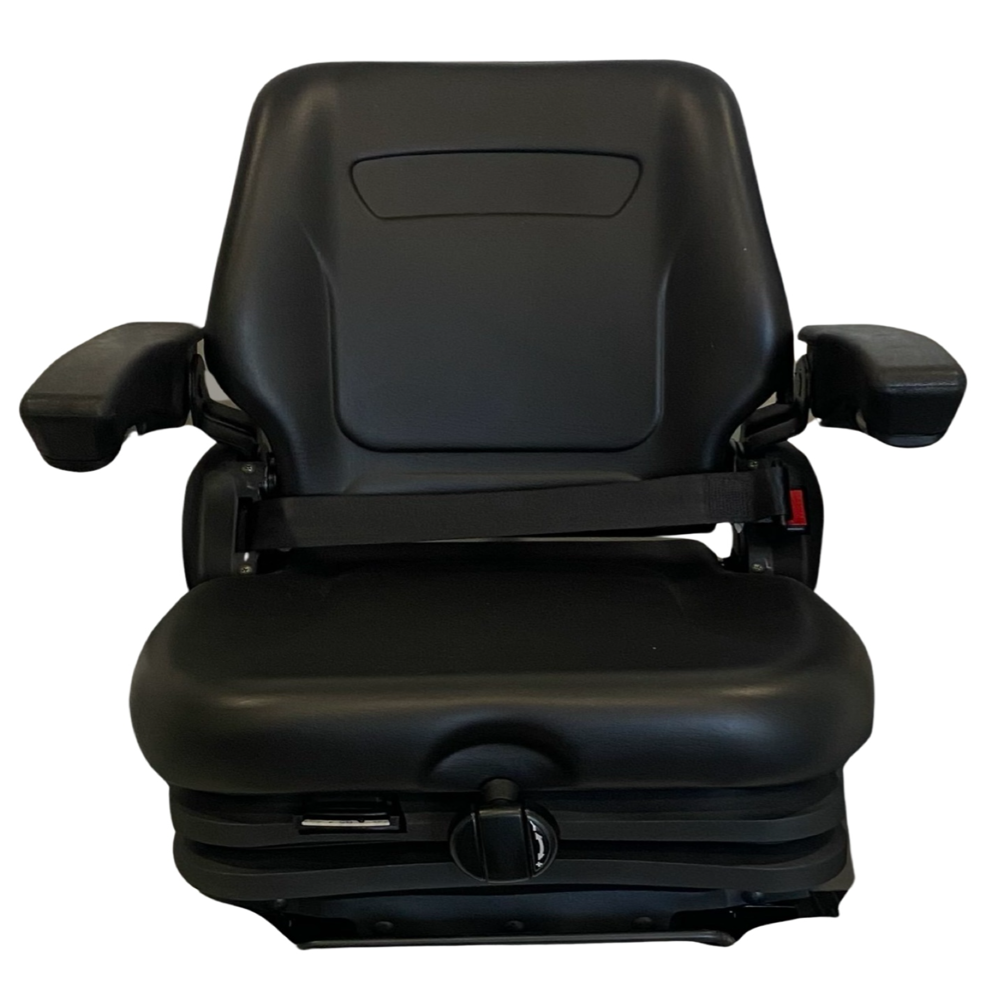 Front view of the RB9 low-profile mechanical suspension seat with weight adjustment of up to 130kg, adjustable backrest, armrests, and waterproof PU vinyl trim.
