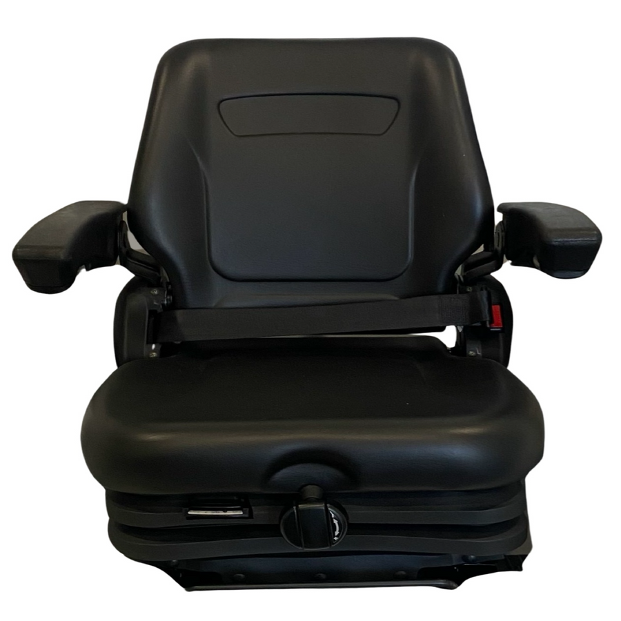 Front view of the RB9 low-profile mechanical suspension seat with weight adjustment of up to 130kg, adjustable backrest, armrests, and waterproof PU vinyl trim.