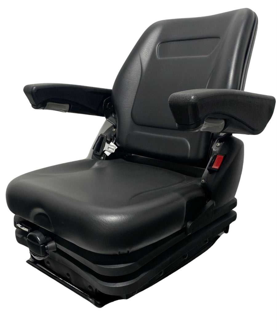 Left-side view of the RB9 mechanical suspension seat, with a low-profile mechanical suspension system, and featuring ergonomic shaping, armrests, and double locking slide rails.