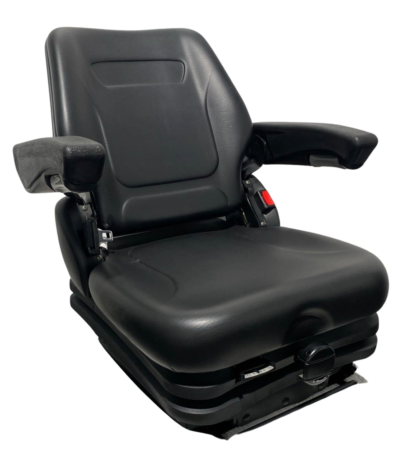 Right-side view of the RB9 suspension seat showing the low-profile suspension system, front adjustment controls, and durable PU vinyl finish.