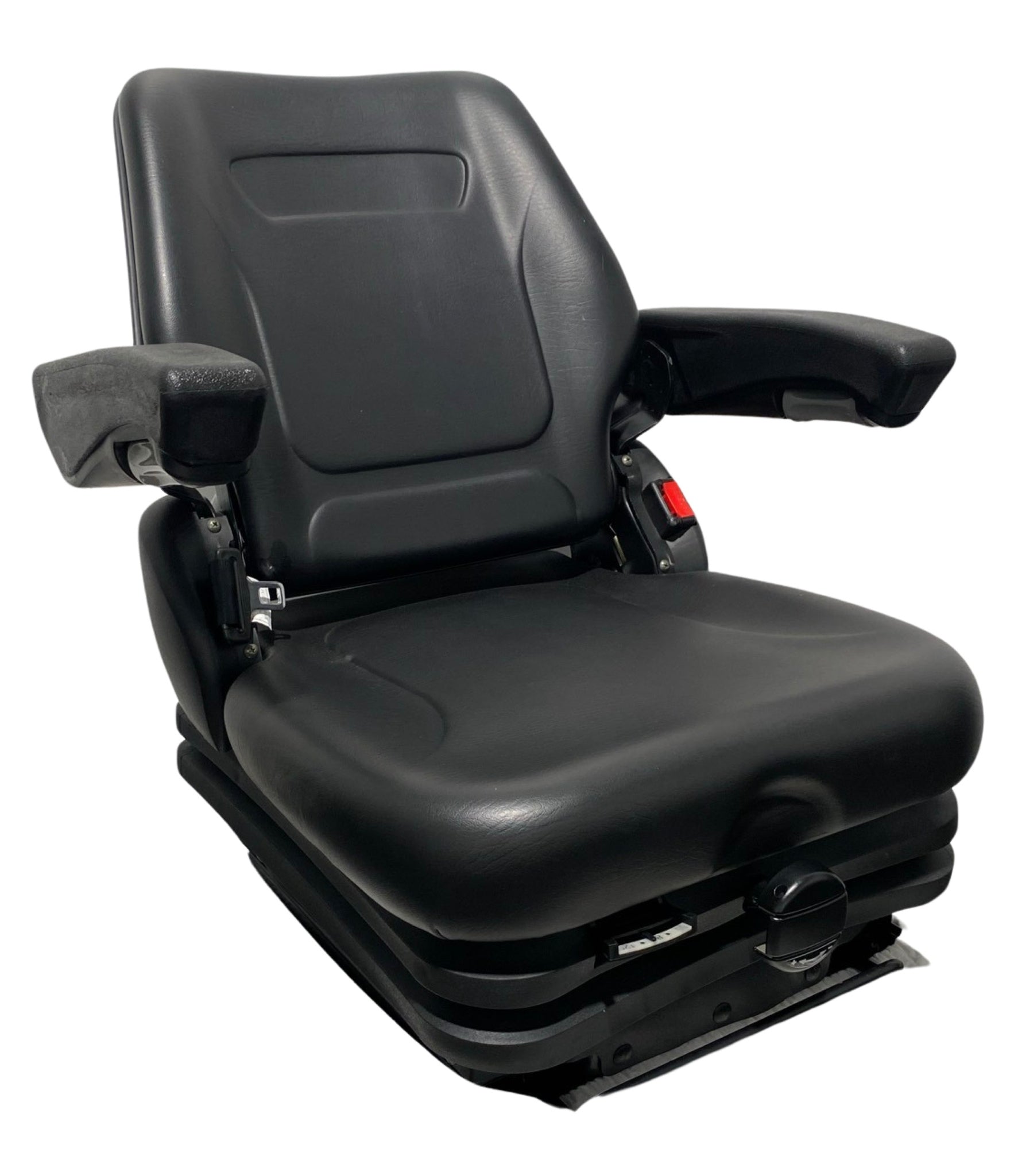 Right-side view of the RB9 suspension seat showing the low-profile suspension system, front adjustment controls, and durable PU vinyl finish.