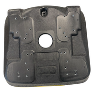 Underside view of universal machinery seat showing multiple mounting hole patterns for John Deere, Kubota, Bobcat, and other brands