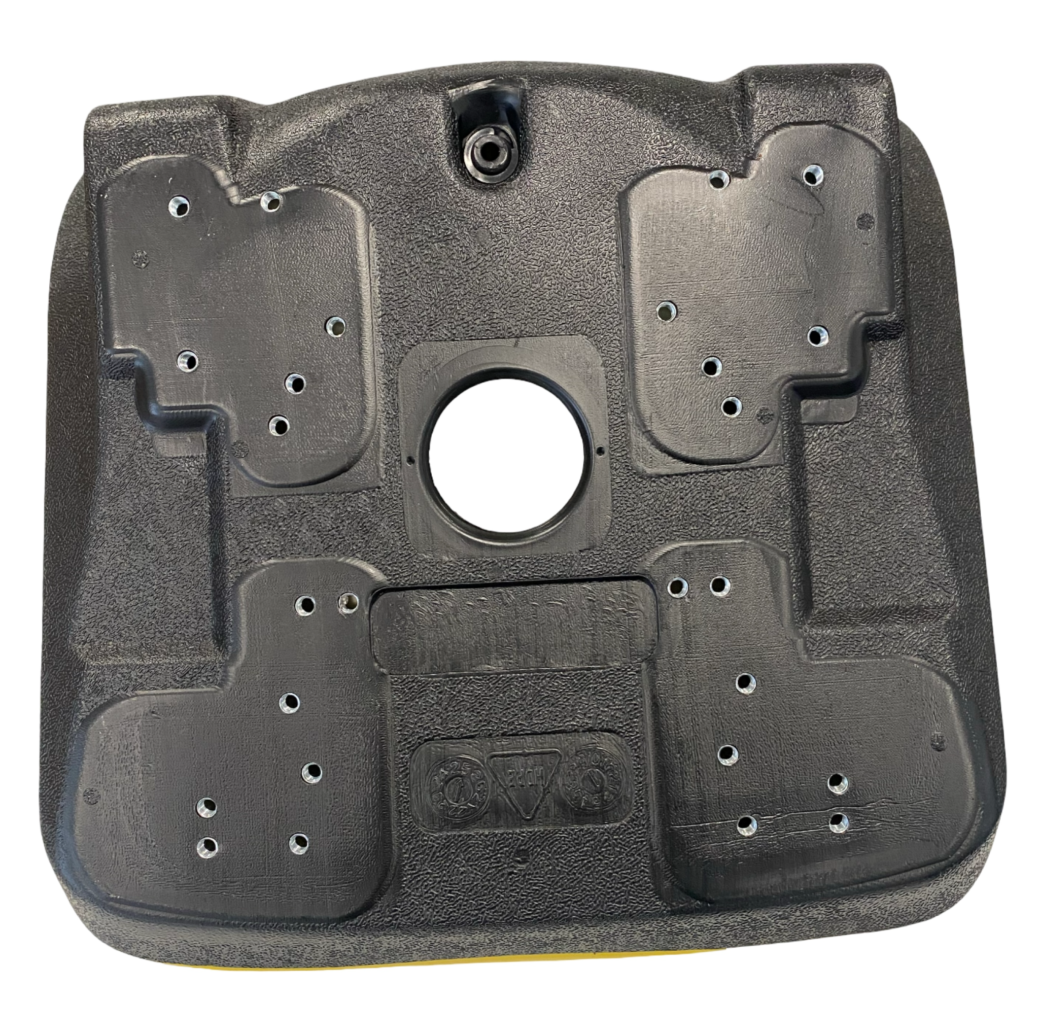 Underside view of universal machinery seat showing multiple mounting hole patterns for John Deere, Kubota, Bobcat, and other brands