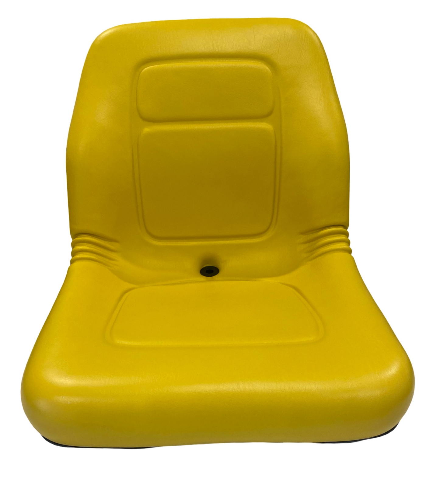 Front view of universal machinery seat in classic John Deere yellow vinyl – waterproof design for compact tractors, forklifts, and ride-on mower