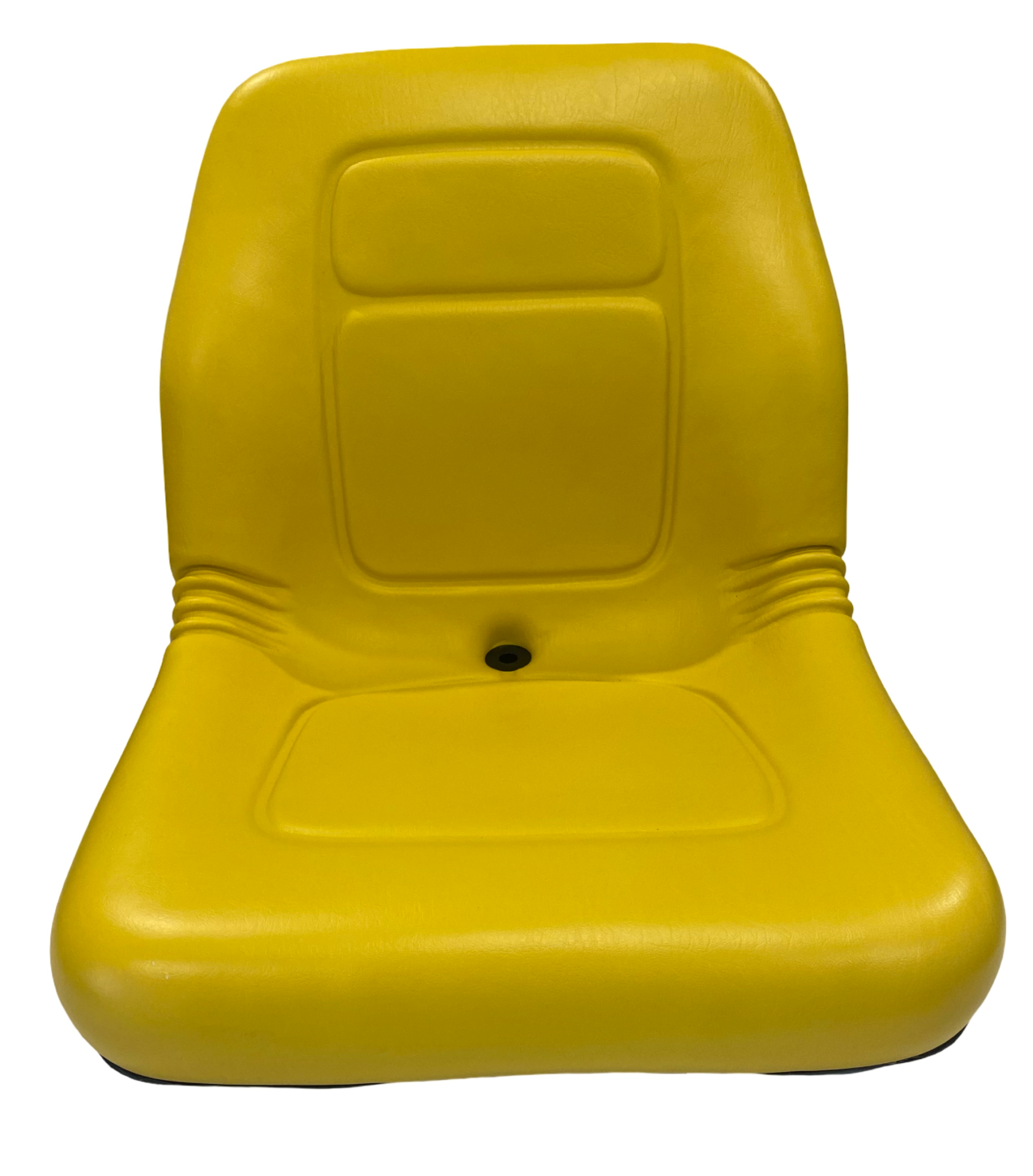 Front view of universal machinery seat in classic John Deere yellow vinyl – waterproof design for compact tractors, forklifts, and ride-on mower