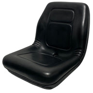 Left side profile of black gator and lawn mower seat with contoured design and multiple mounting pattern base. Compatible with John Deere, Kubota, Bobcat, Case-IH, and Ford New Holland.