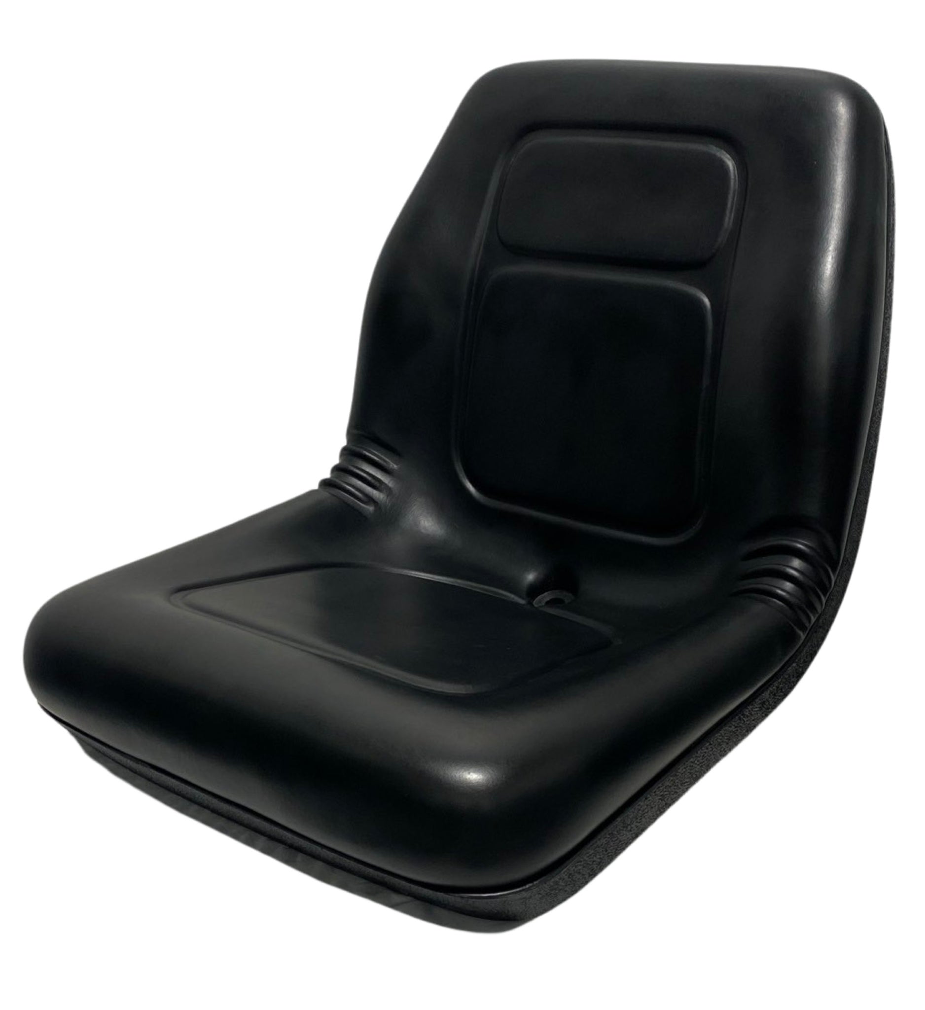 Left side profile of black gator and lawn mower seat with contoured design and multiple mounting pattern base. Compatible with John Deere, Kubota, Bobcat, Case-IH, and Ford New Holland.
