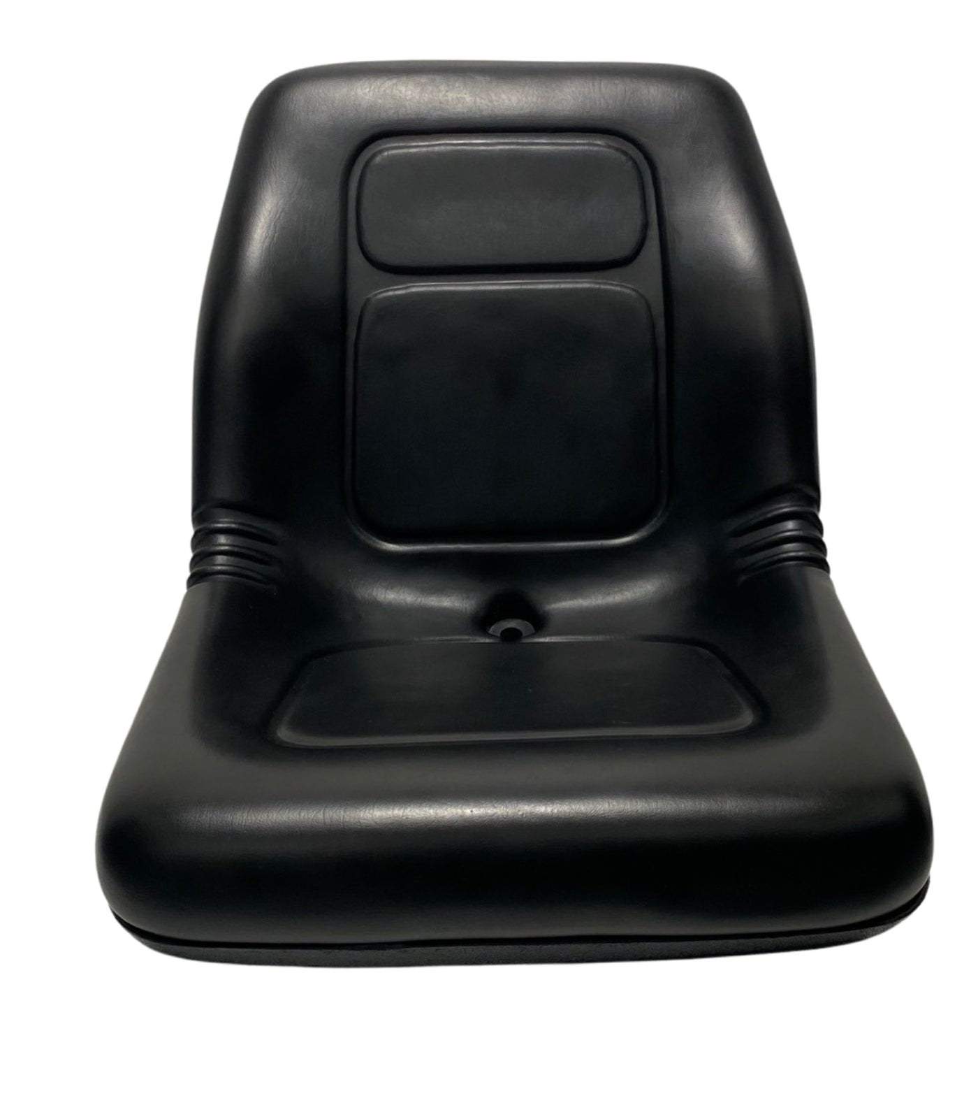 Front view of universal compact tractor and mower seat in black PU vinyl, durable fixed-back design with water drain hole. John Deere Compatible.