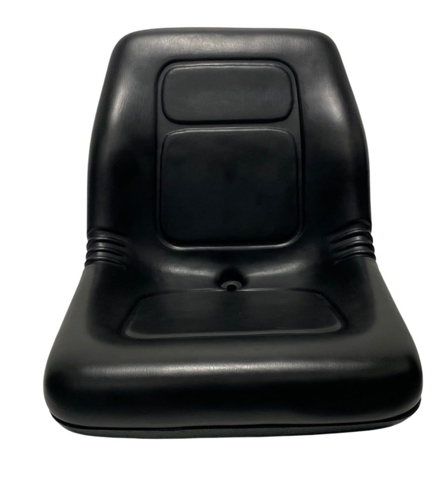 Front view of universal compact tractor and mower seat in black PU vinyl, durable fixed-back design with water drain hole. John Deere Compatible.