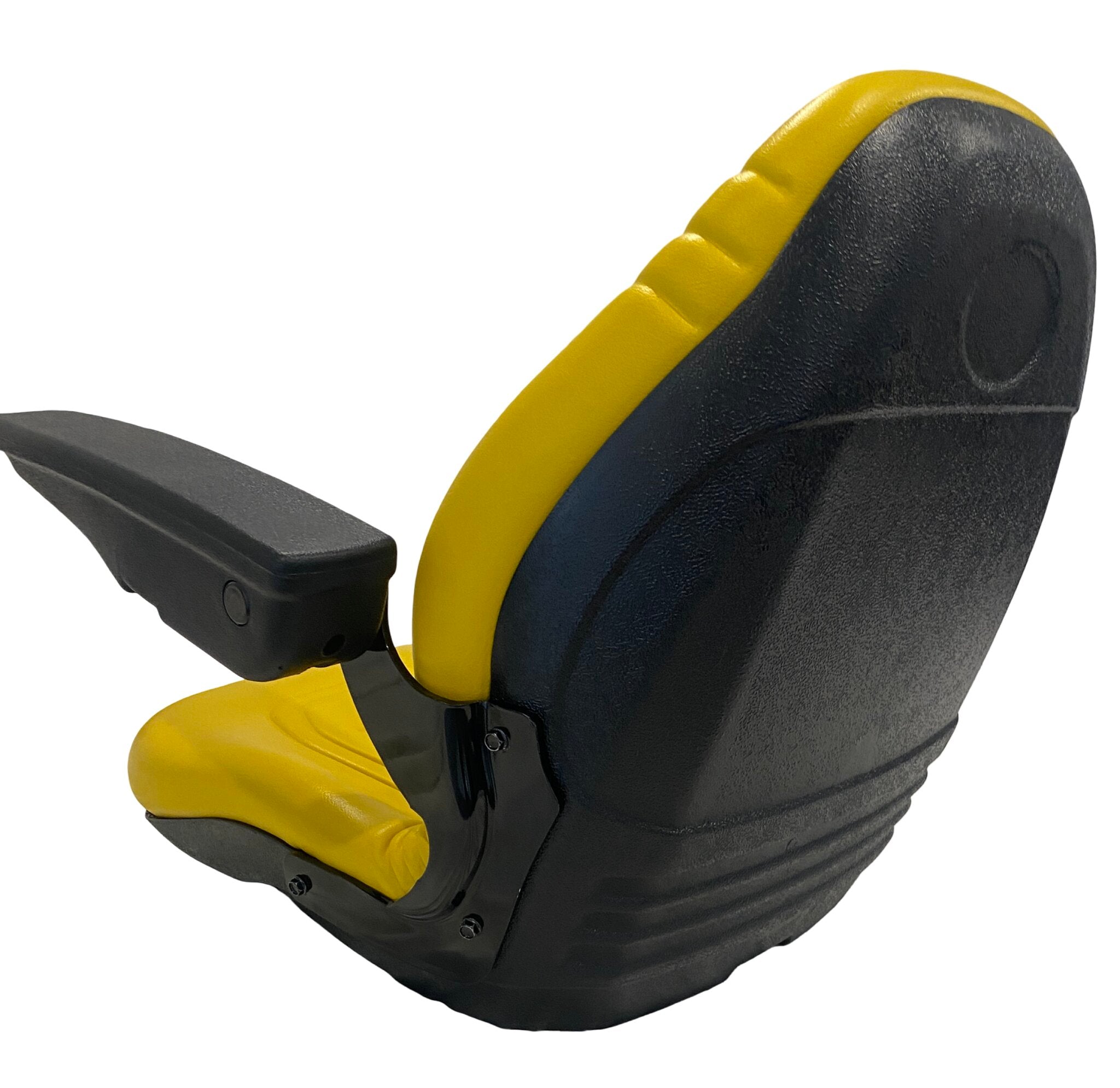 RY70A John Deere compatible compact tractor seat rear view with durable yellow PVC upholstery and fixed-back design.