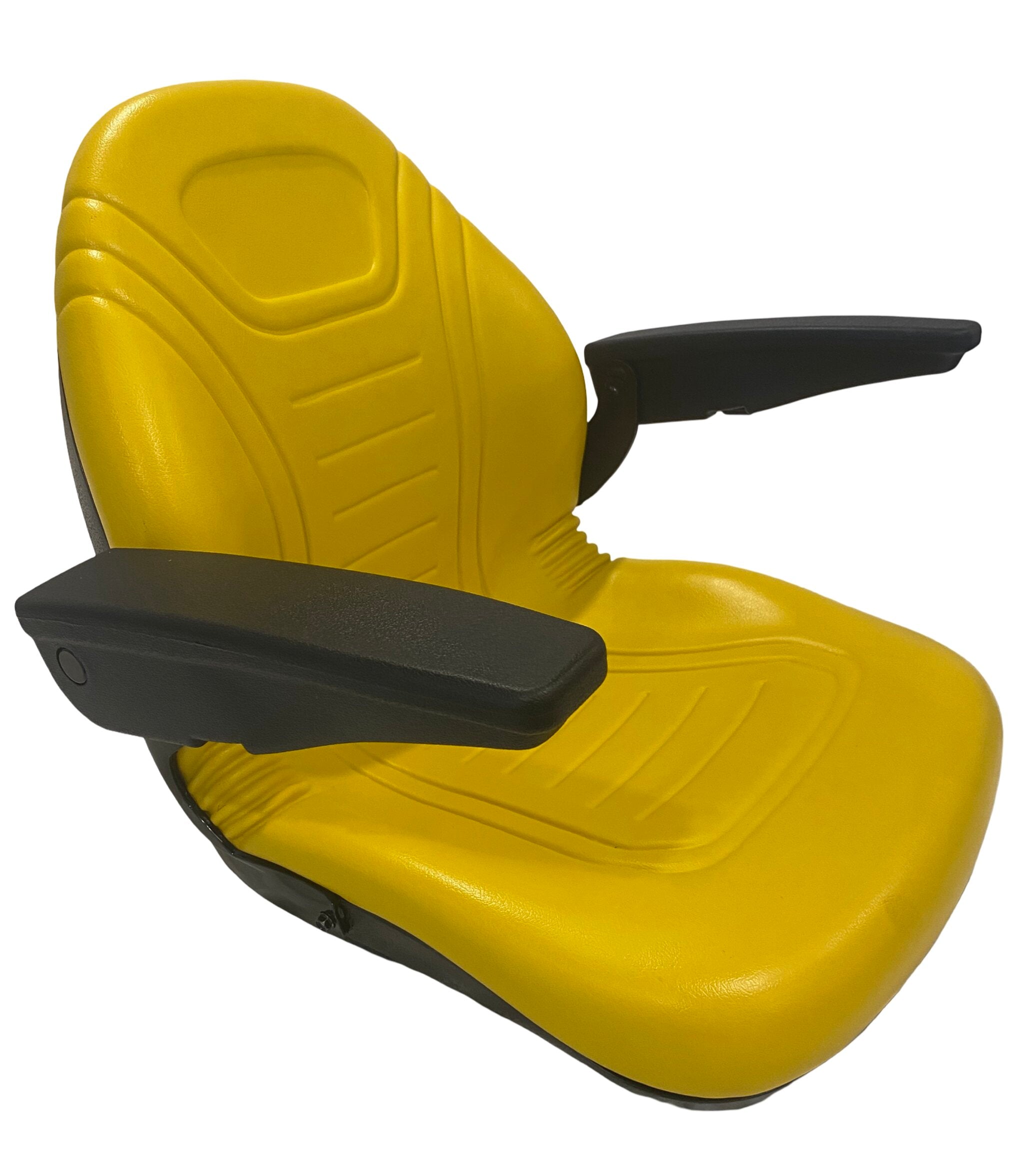RY70A compact tractor seat right side view with operator presence switch and flip-up armrest. Compatible with John Deere, Kubota, Bobcat, Case-IH, and Ford New Holland.
