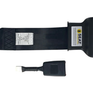 Top view of SA230 Black 3-inch retractable lap seatbelt and buckle showing push-button release and durable black webbing for secure operator restraint.