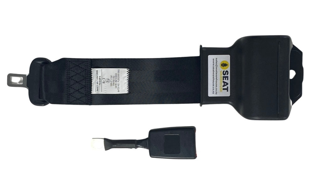 Top view of SA230 Black 3-inch retractable lap seatbelt and buckle showing push-button release and durable black webbing for secure operator restraint.