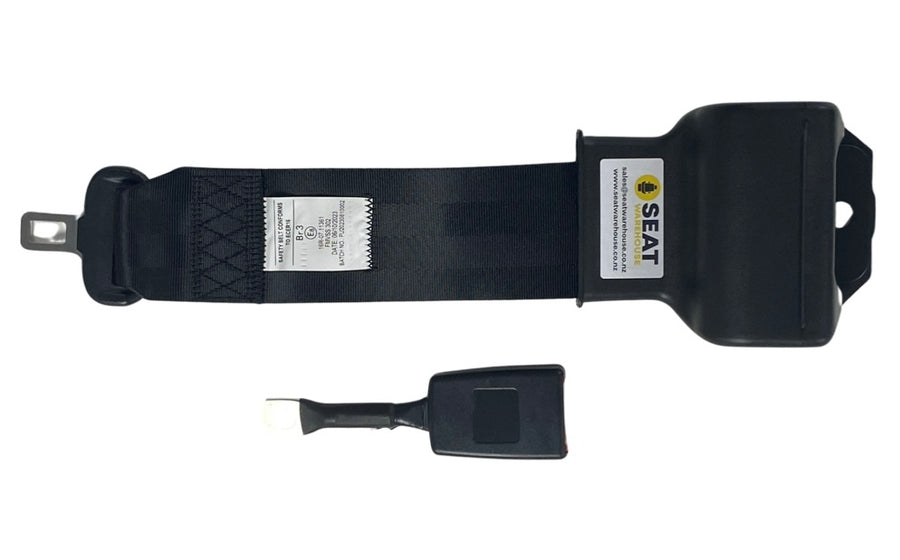 Top view of SA230 Black 3-inch retractable lap seatbelt and buckle showing push-button release and durable black webbing for secure operator restraint.