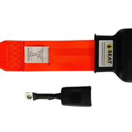 Front view of SA230 Orange 3-inch retractable lap seatbelt showing push-button release and durable orange webbing for added safety and secure operator restraint.