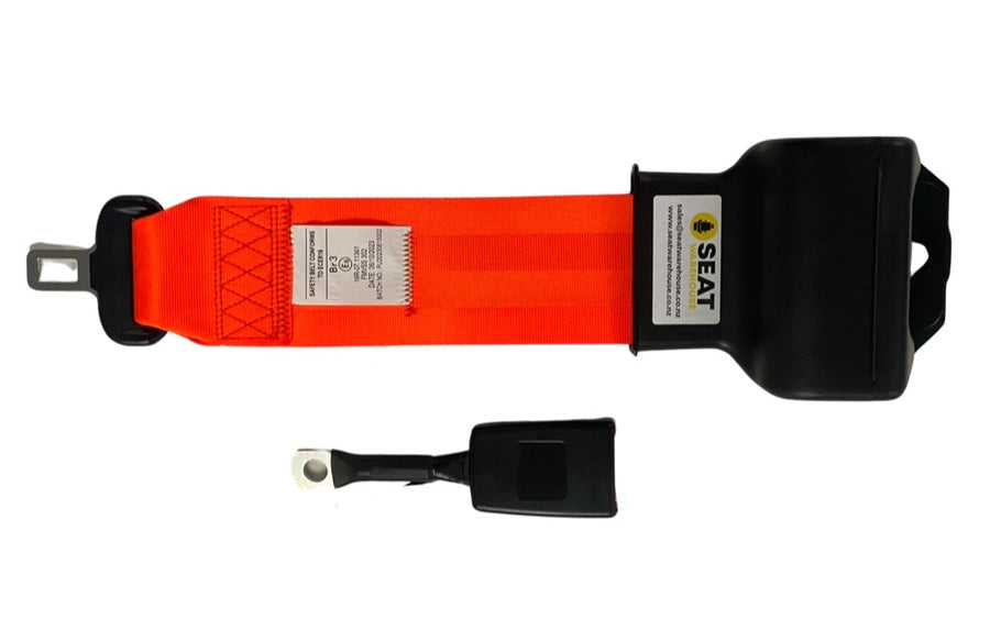 Front view of SA230 Orange 3-inch retractable lap seatbelt showing push-button release and durable orange webbing for added safety and secure operator restraint.