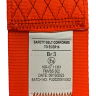 View of SA230 Orange retractable lap seatbelt label showing seatbelt has been tested and certified to EU standard ECE R16 and FMVSS 302 safety compliance.