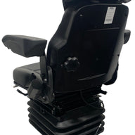 Rear view of SC14 air suspension seat, weight adjustment of up to 150kg and 180° Lockable Turntable. Available with durable waterproof black PU vinyl or black/grey fleck fabric.