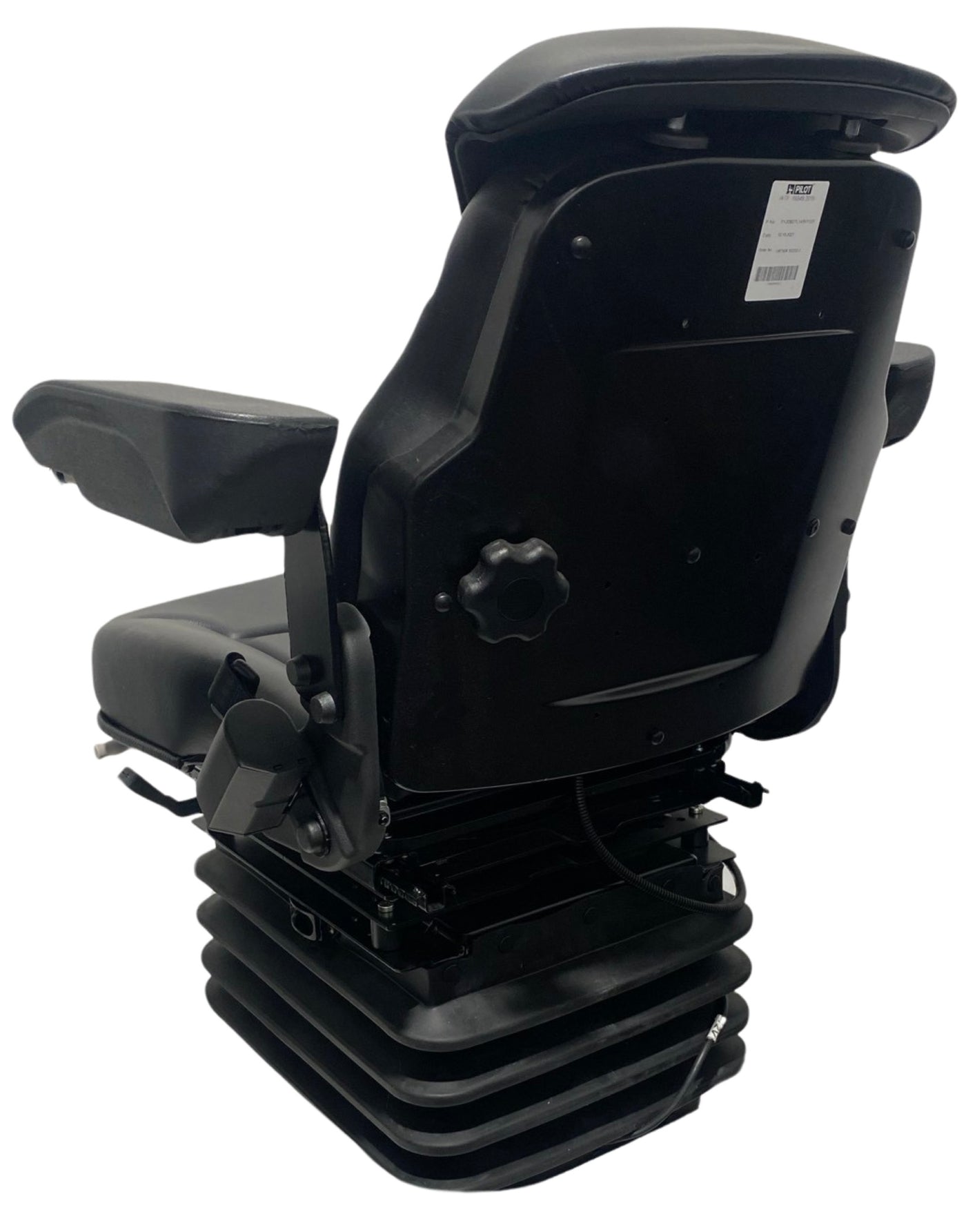 Rear view of SC14 air suspension seat, weight adjustment of up to 150kg and 180° Lockable Turntable. Available with durable waterproof black PU vinyl or black/grey fleck fabric.