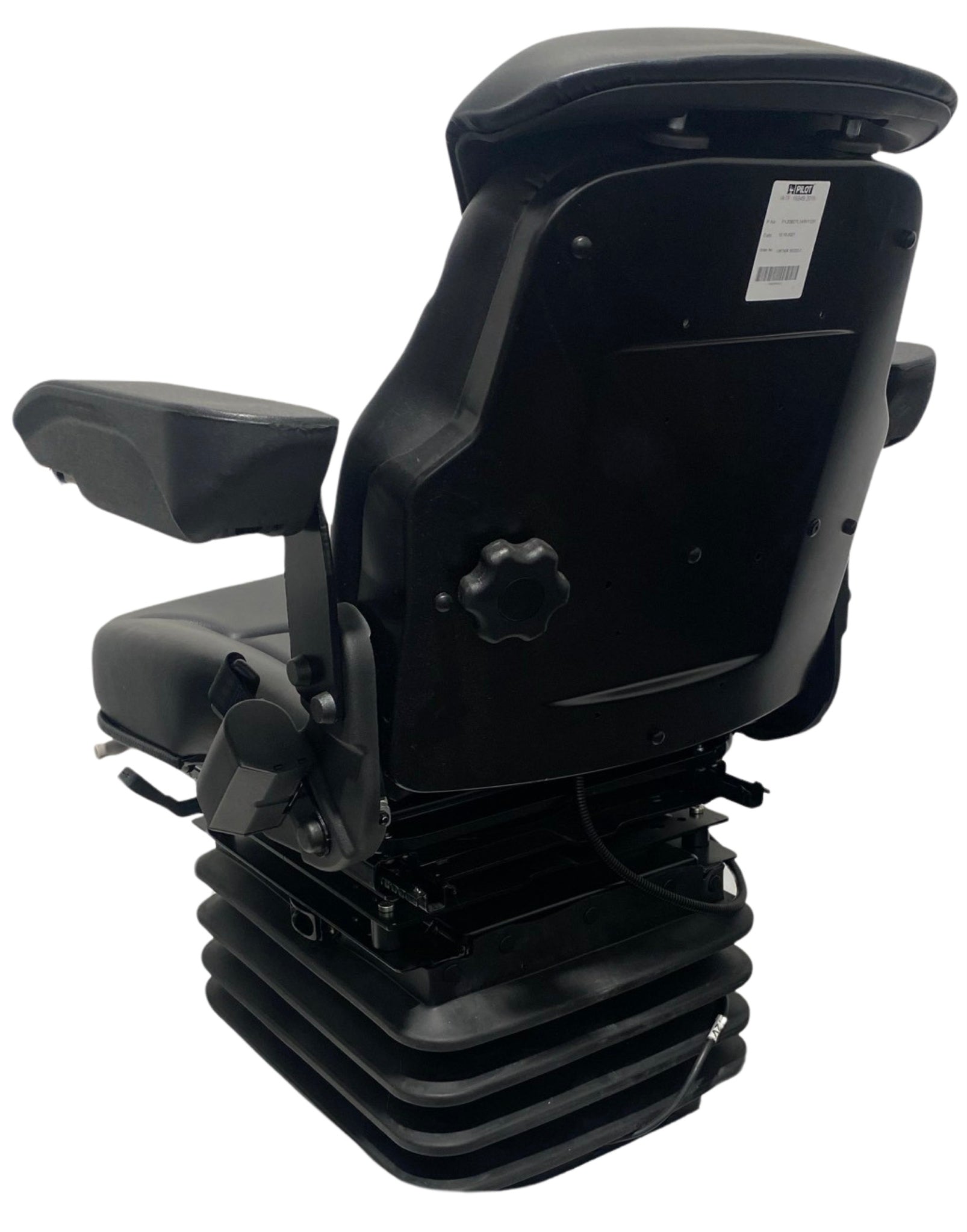 Rear view of SC14 air suspension seat, weight adjustment of up to 150kg and 180° Lockable Turntable. Available with durable waterproof black PU vinyl or black/grey fleck fabric.