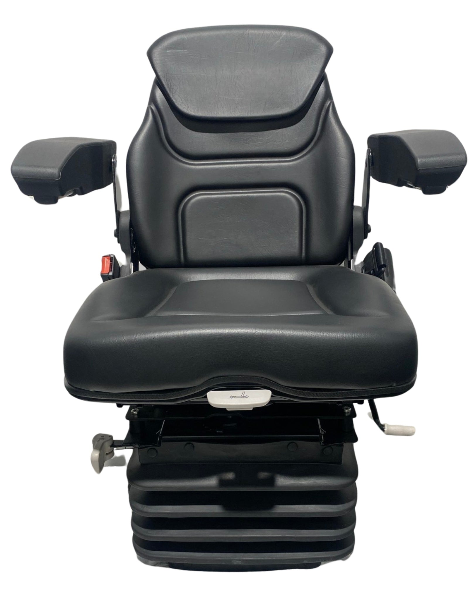 Front view of SC14 premium air suspension seat with adjustable armrests, seatback, and black waterproof PVC or fabric trim. Ideal for large tractors and heavy machinery use.