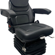 Right-side view of SC14 air suspension seat for agricultural, construction, and earthmoving equipment showing 12V compressor base, lumbar controls, and adjustable shoulder rest.