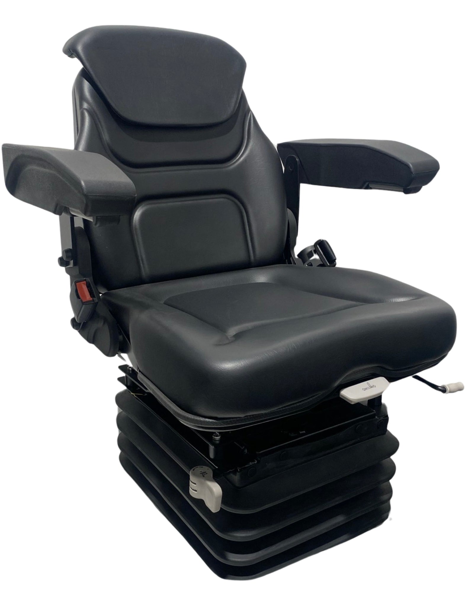 Right-side view of SC14 air suspension seat for agricultural, construction, and earthmoving equipment showing 12V compressor base, lumbar controls, and adjustable shoulder rest.