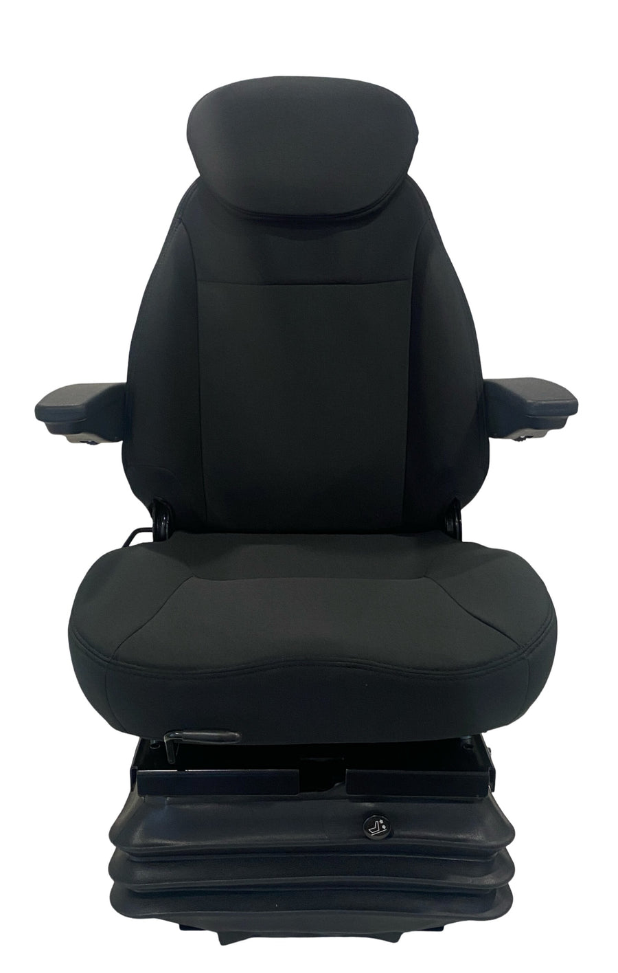 SC15-AIR air suspension tractor seat front view with adjustable armrests and black heavy-duty fabric trim